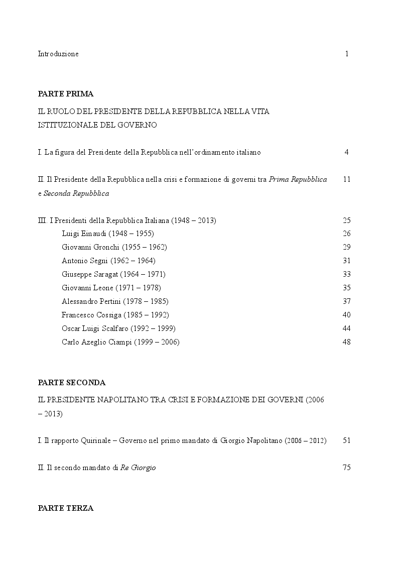 Indice della tesi: Il caso Napolitano: il ruolo del Capo dello Stato nel sistema di governo italiano (2006 - 2013), Pagina 1