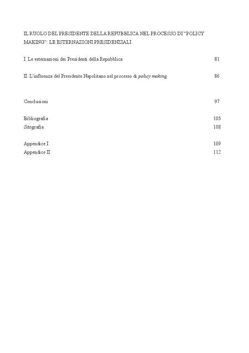 Indice della tesi: Il caso Napolitano: il ruolo del Capo dello Stato nel sistema di governo italiano (2006 - 2013), Pagina 2