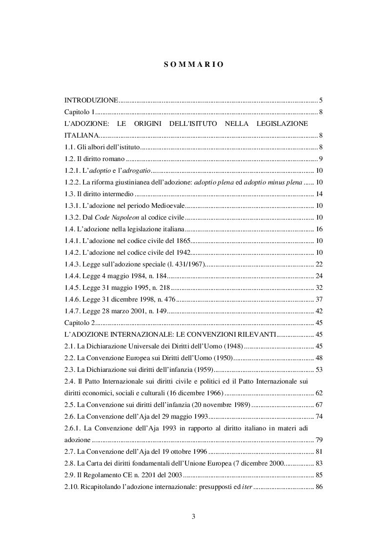 Indice della tesi: La kafala e le adozioni internazionali nell'ordinamento giuridico italiano, Pagina 1
