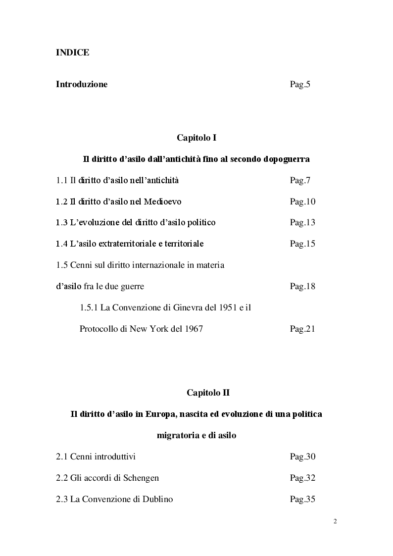 Indice della tesi: Il diritto di asilo: evoluzione ed applicazione della tutela in Italia e all'Interno dell'Unione Europea, Pagina 1