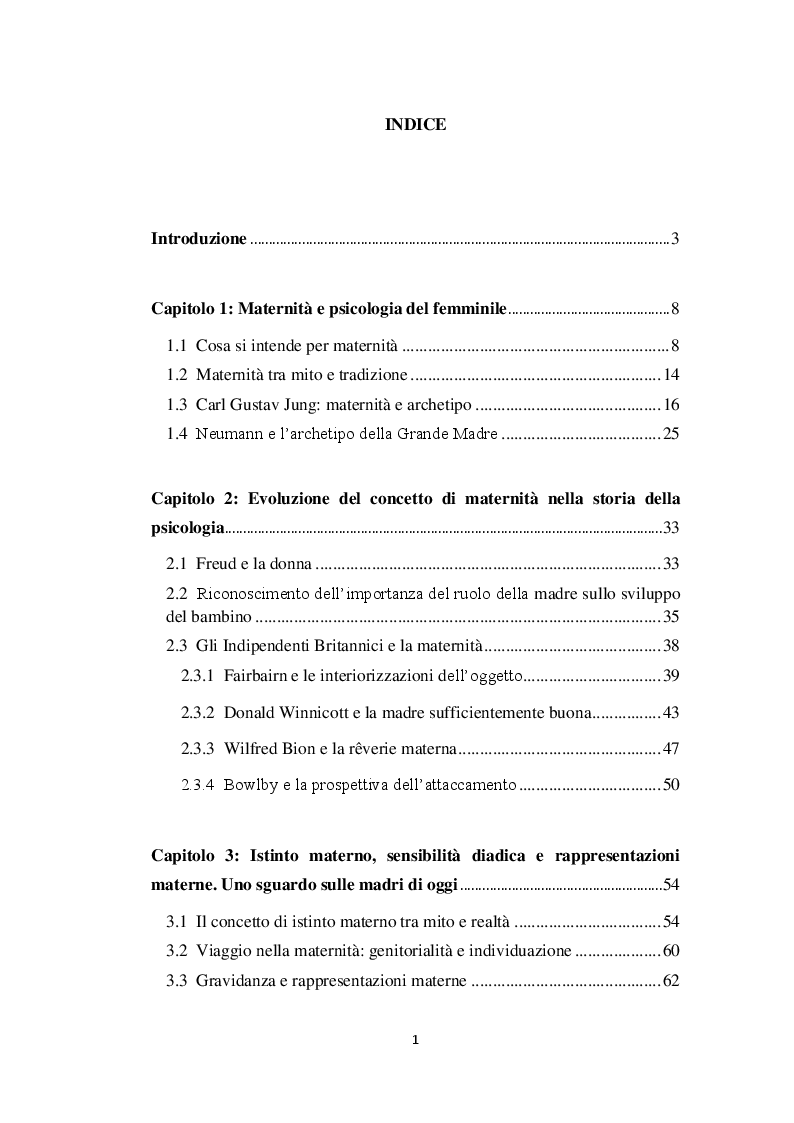 Indice della tesi: Diventare madre: risorse e criticità del percorso, Pagina 1