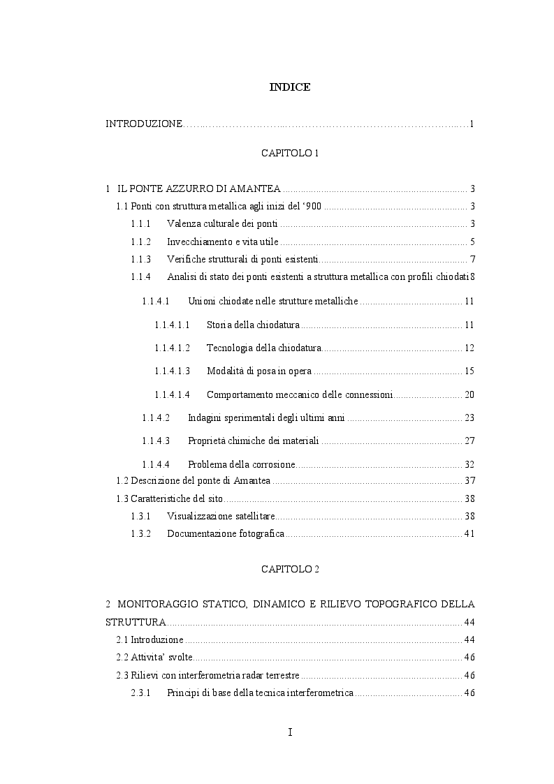 Indice della tesi: Analisi strutturale di un ponte in ferro esistente: collaudo, modellazione BIM ed analisi agli elementi finiti, Pagina 1