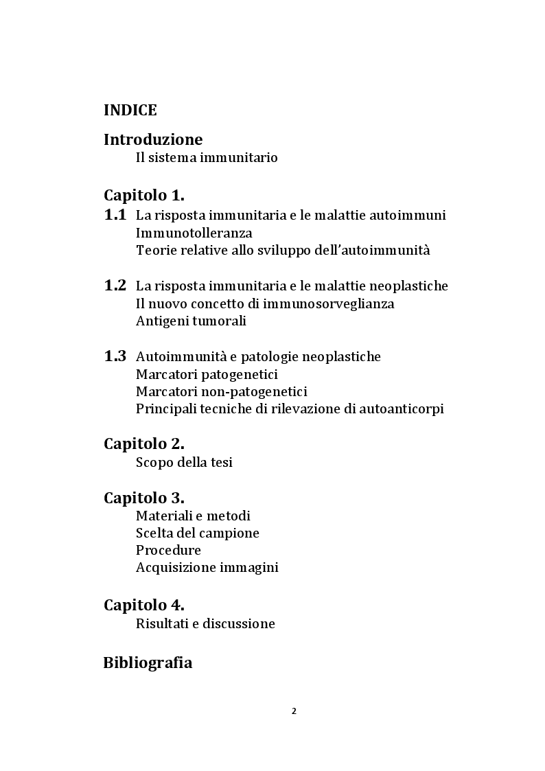Indice della tesi: Valutazione dell’autoimmunità nelle patologie neoplastiche., Pagina 1