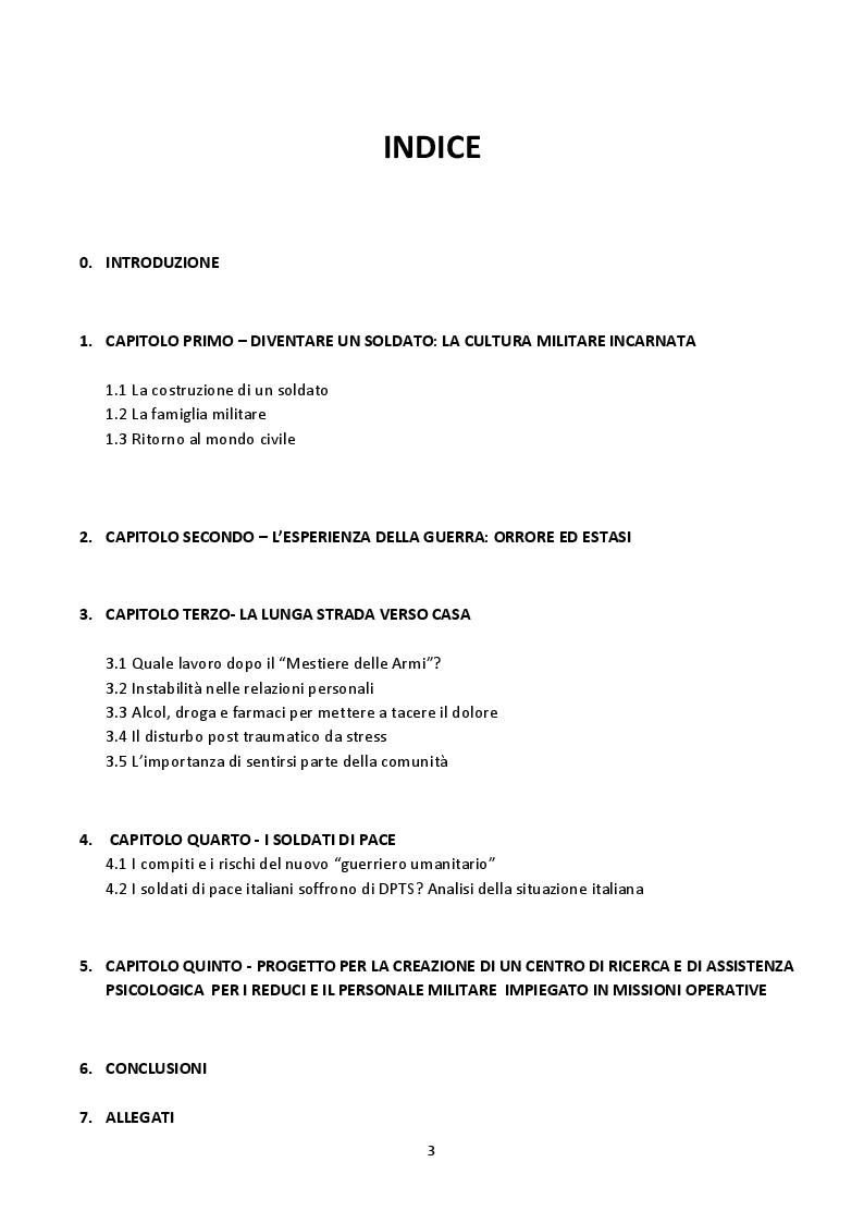 Indice della tesi: Il trauma psicologico della guerra. Progetto per la creazione di un centro di ricerca e di assistenza psicologica per il personale militare impiegato in missioni operative., Pagina 1