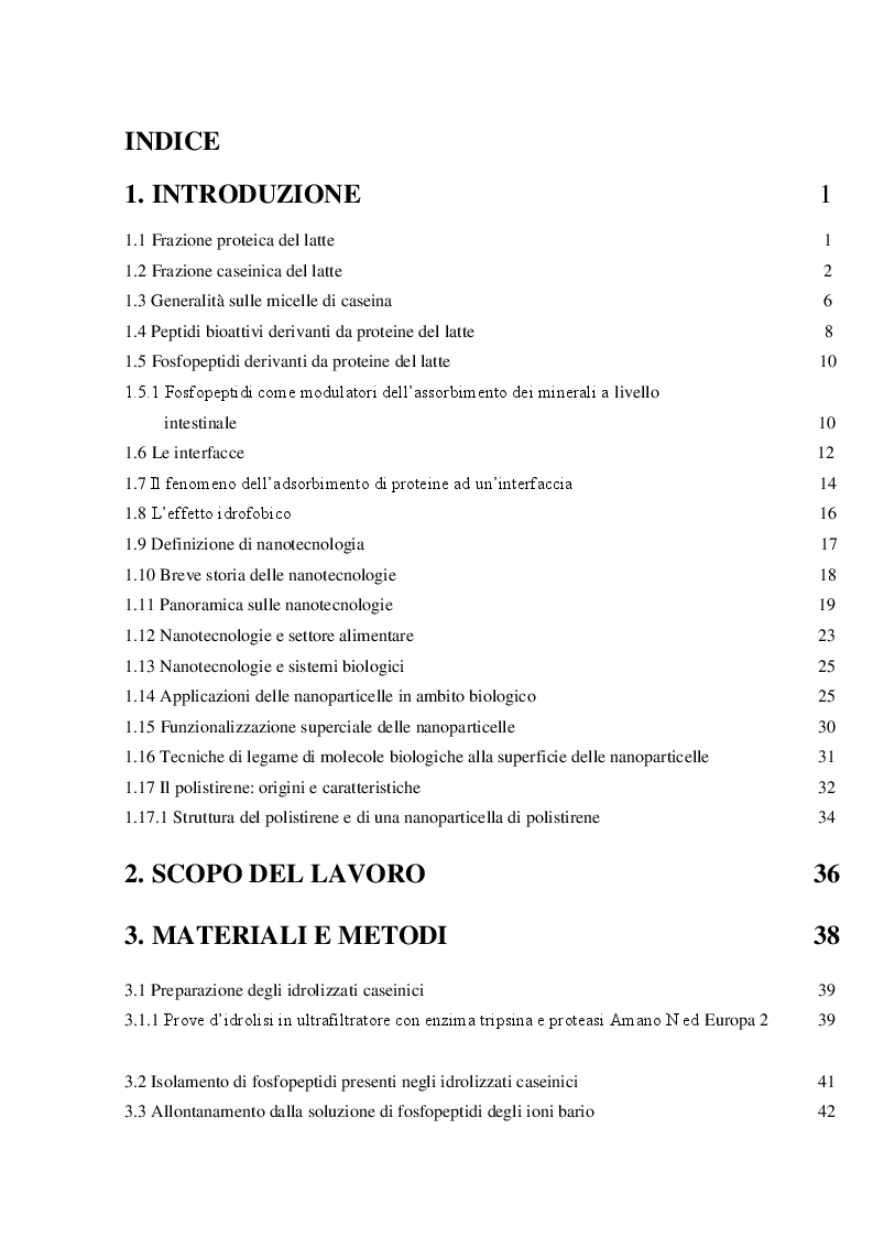 Indice della tesi: Produzione di peptidi biologicamente attivi e loro interazione con nanosistemi, Pagina 1
