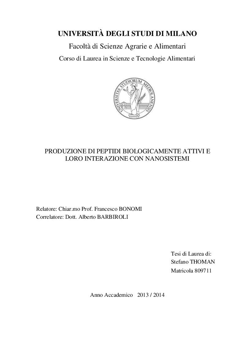 Anteprima della tesi: Produzione di peptidi biologicamente attivi e loro interazione con nanosistemi, Pagina 1