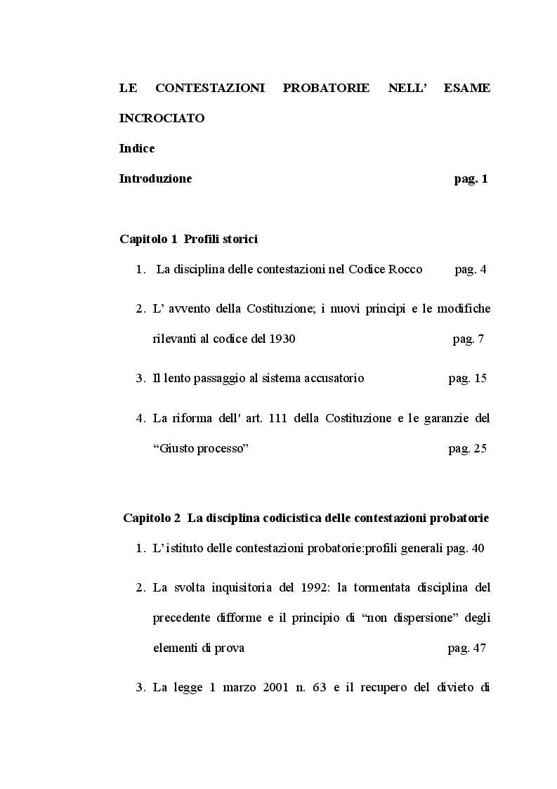 Indice della tesi: Le contestazioni probatorie nell'esame incrociato, Pagina 1