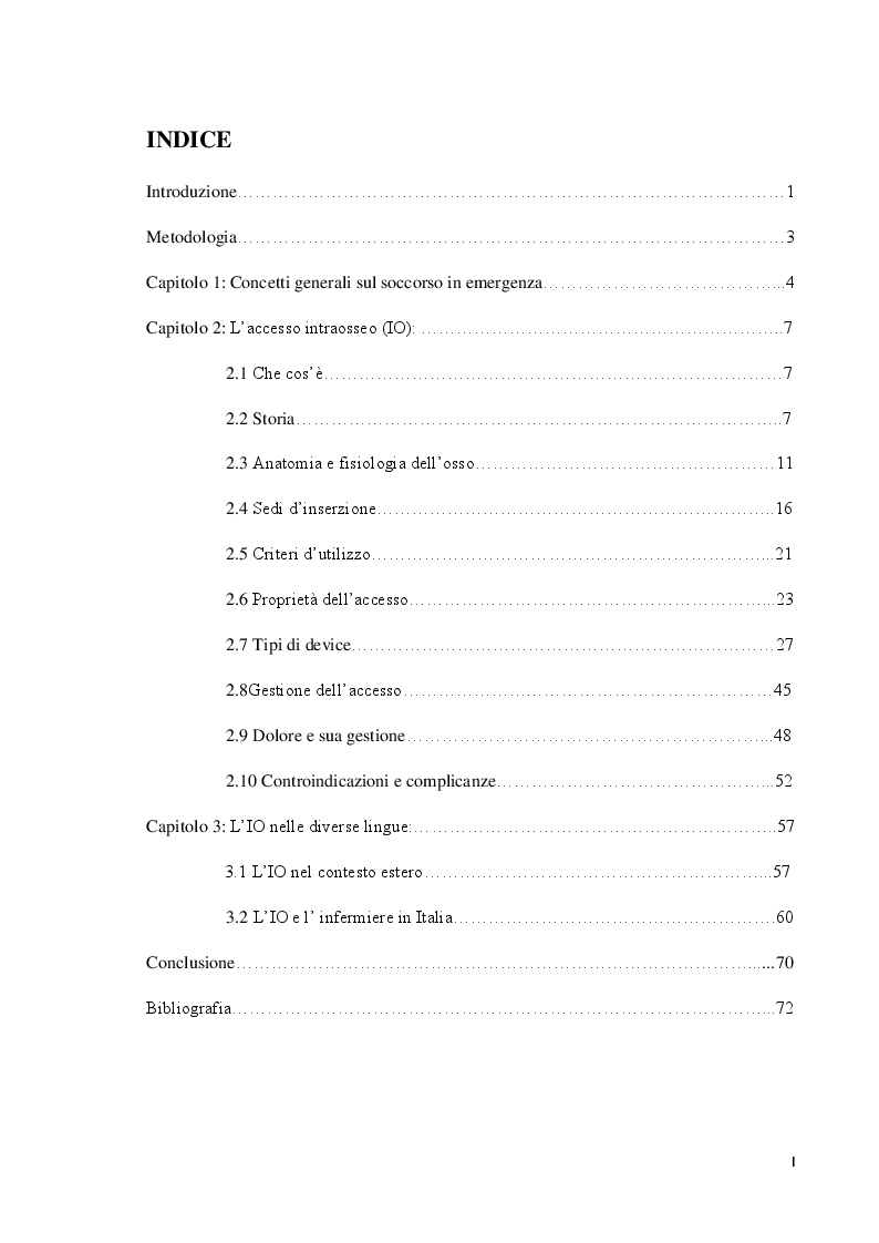 Indice della tesi: L'accesso intraosseo (IO) in area critica: un device efficace ed efficiente nel soccorso infermieristico, Pagina 1