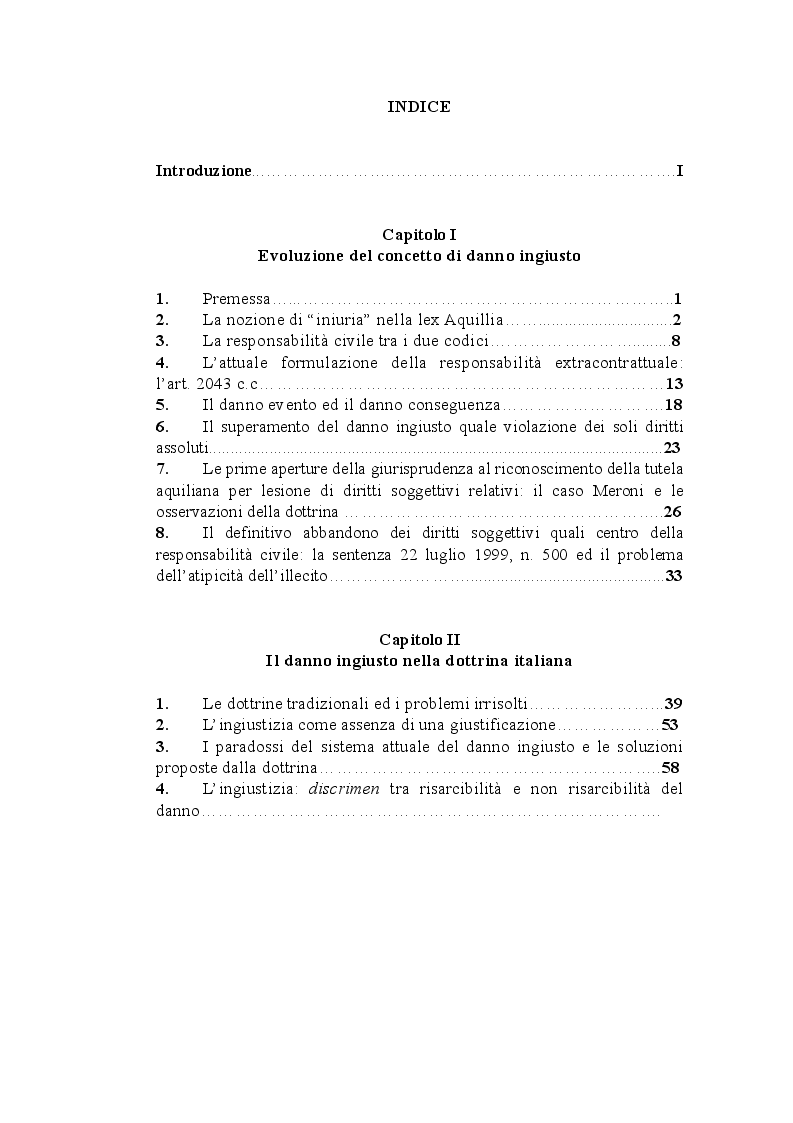Indice della tesi: Il danno ingiusto, Pagina 1