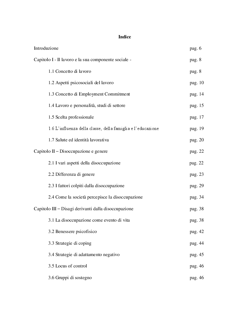 Indice della tesi: La disoccupazione: Risvolti psicologici, Pagina 1