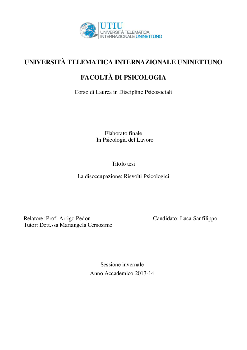 Anteprima della tesi: La disoccupazione: Risvolti psicologici, Pagina 1