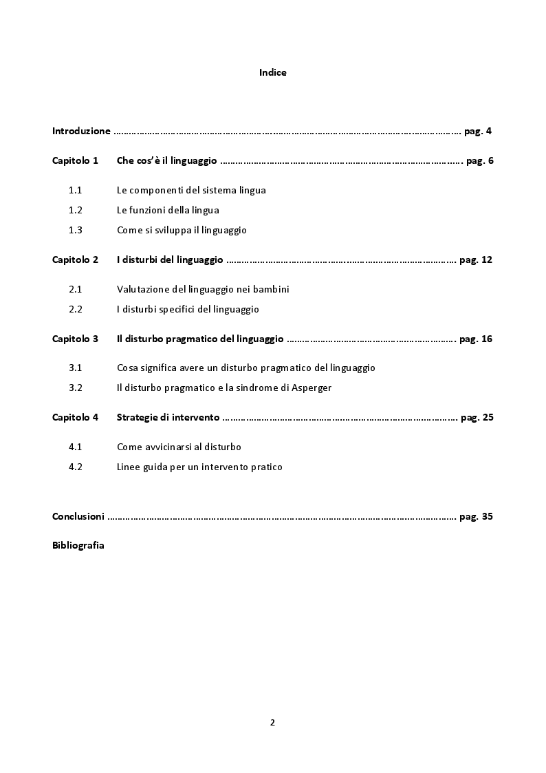 Indice della tesi: Un'analisi del disturbo pragmatico del linguaggio tra teoria e pratica, Pagina 1