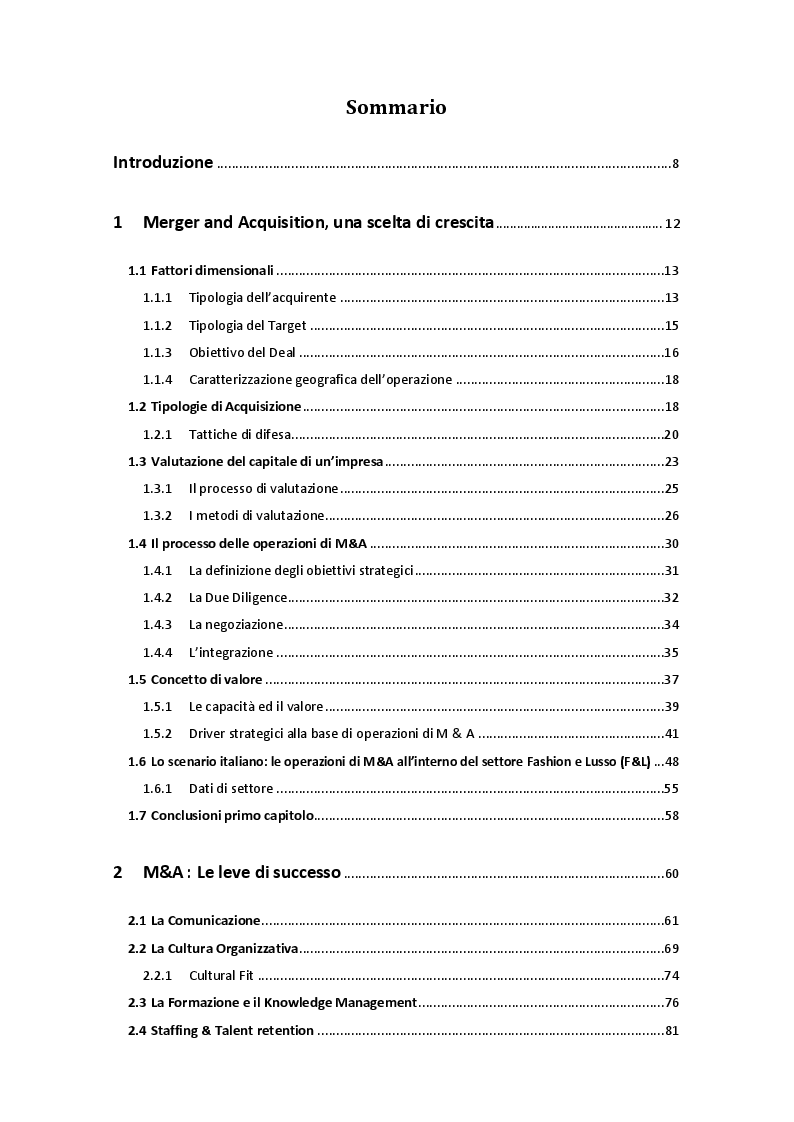 Indice della tesi: La performance organizzativa post-M&A nel settore Fashion & Luxury: il ruolo della funzione HR - il caso OTB -, Pagina 1