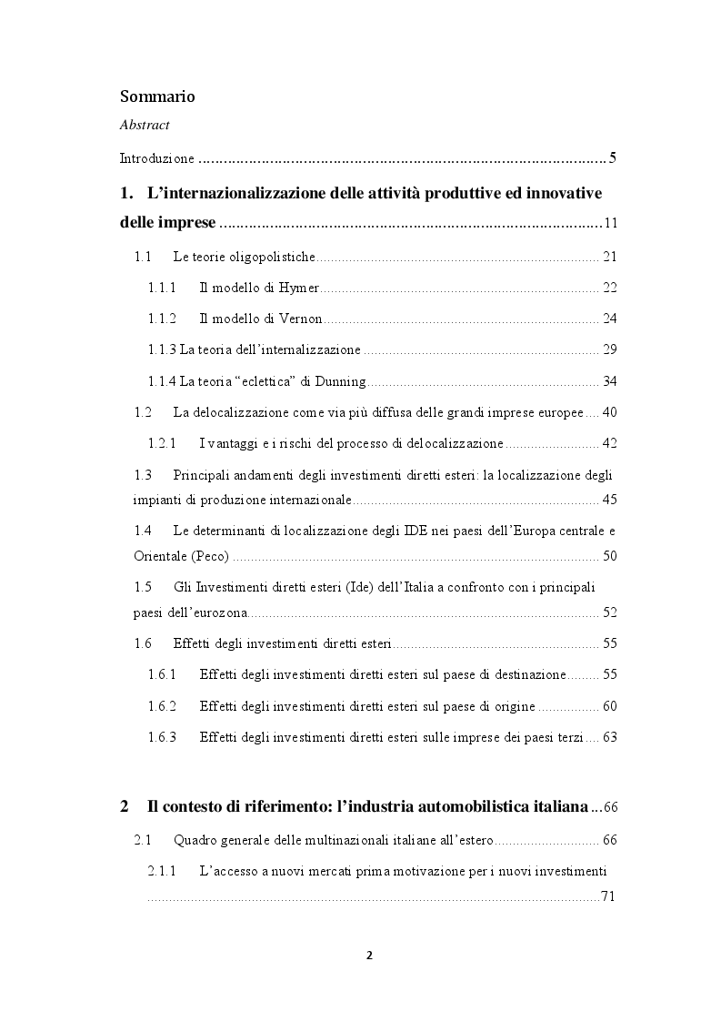 Indice della tesi: Internazionalizzazione dell'industria automobilistica italiana e gli investimenti diretti esteri nei Balcani, Pagina 1