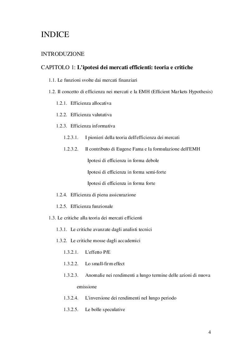 Indice della tesi: Le anomalie di calendario nel mercato azionario italiano, Pagina 1