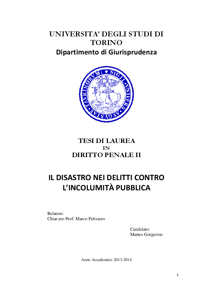 Anteprima della tesi: Il disastro nei delitti contro l’incolumità pubblica, Pagina 1