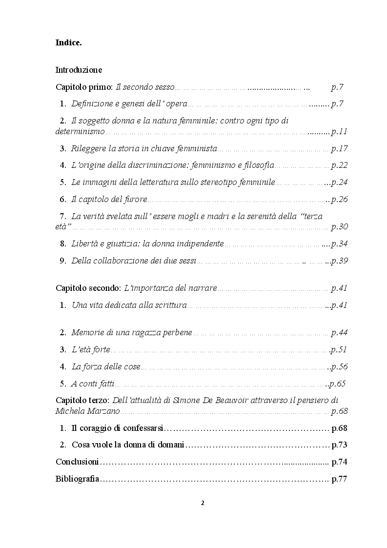 Indice della tesi: Simone De Beauvoir: l'impatto rivoluzionario di un pensiero che costruisce il futuro, Pagina 1