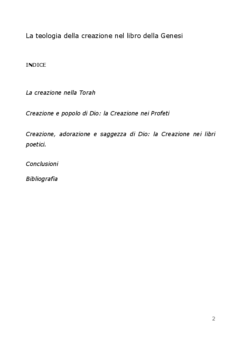 Indice della tesi: La teologia della creazione nel libro della Genesi, Pagina 1