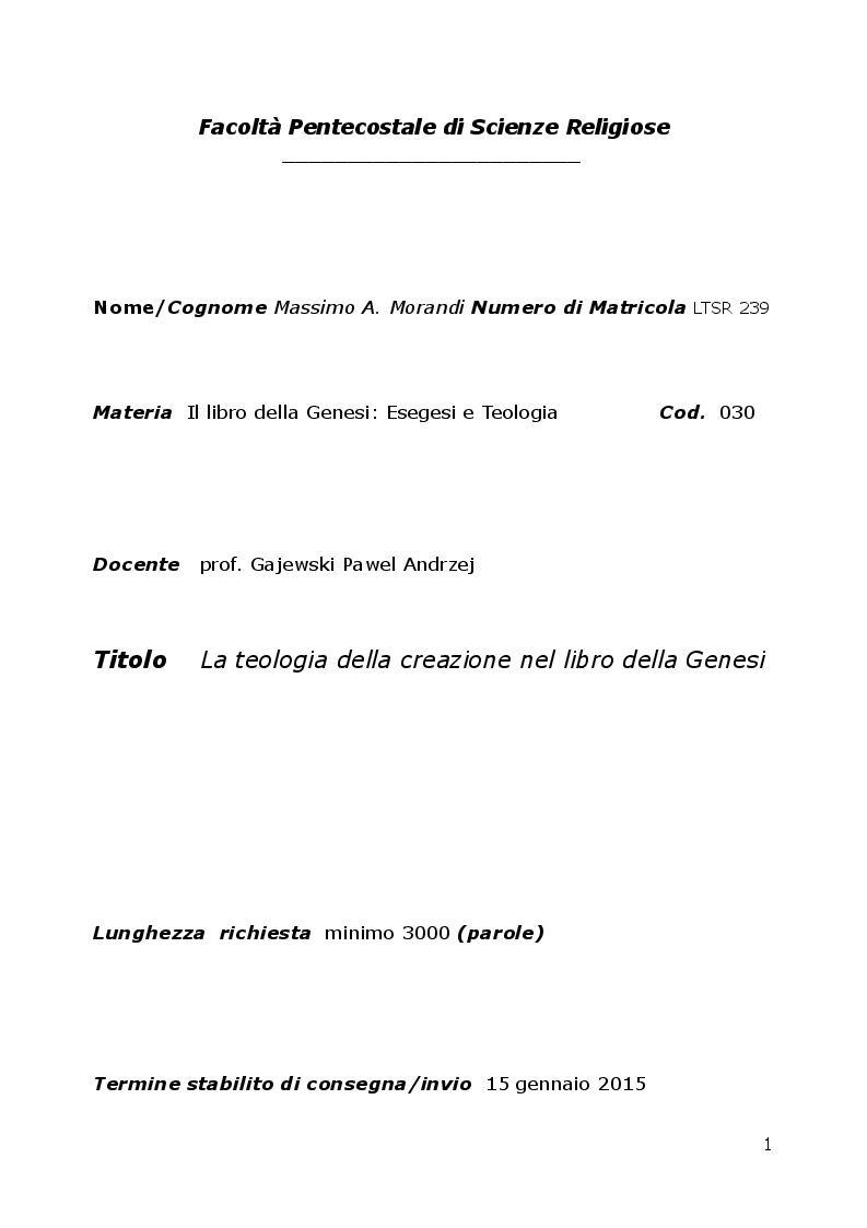 Anteprima della tesi: La teologia della creazione nel libro della Genesi, Pagina 1