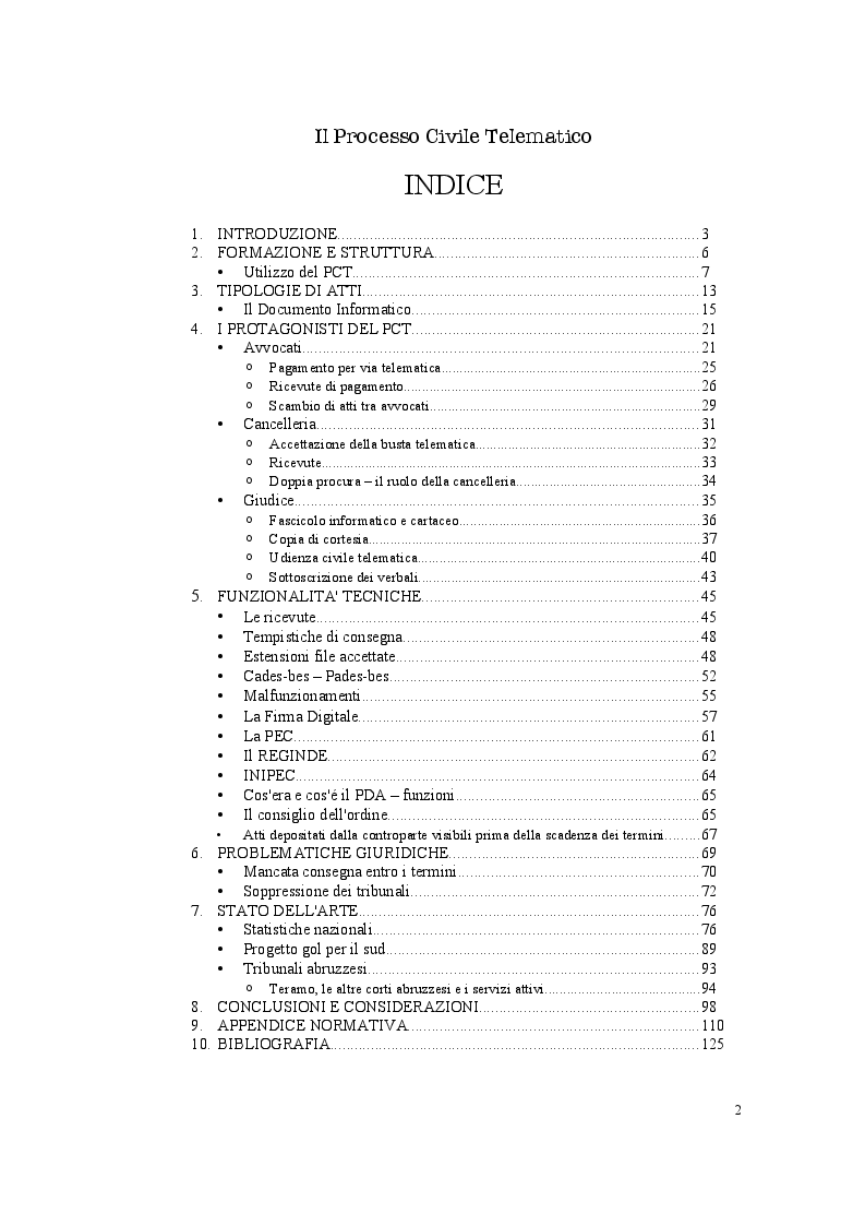 Indice della tesi: Il Processo Civile Telematico: aspetti normativi e profili informatico-giuridici, Pagina 1