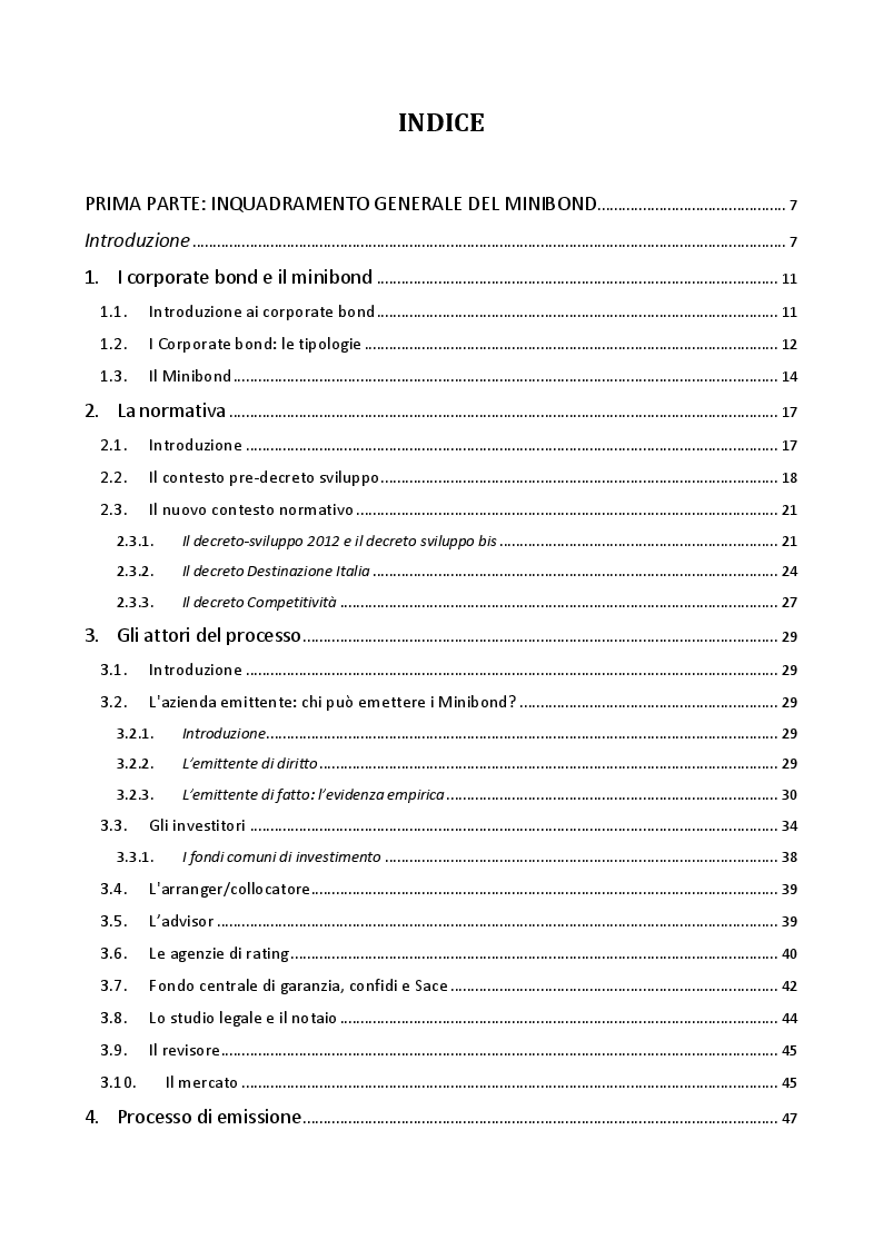 Indice della tesi: L'emissione di Minibond in una media impresa. Il caso di Sea S.p.a., Pagina 1
