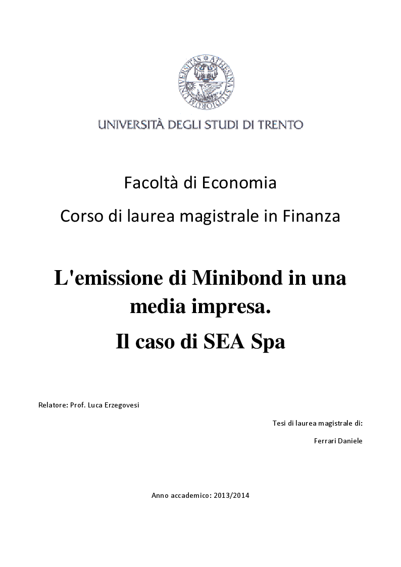 Anteprima della tesi: L'emissione di Minibond in una media impresa. Il caso di Sea S.p.a., Pagina 1