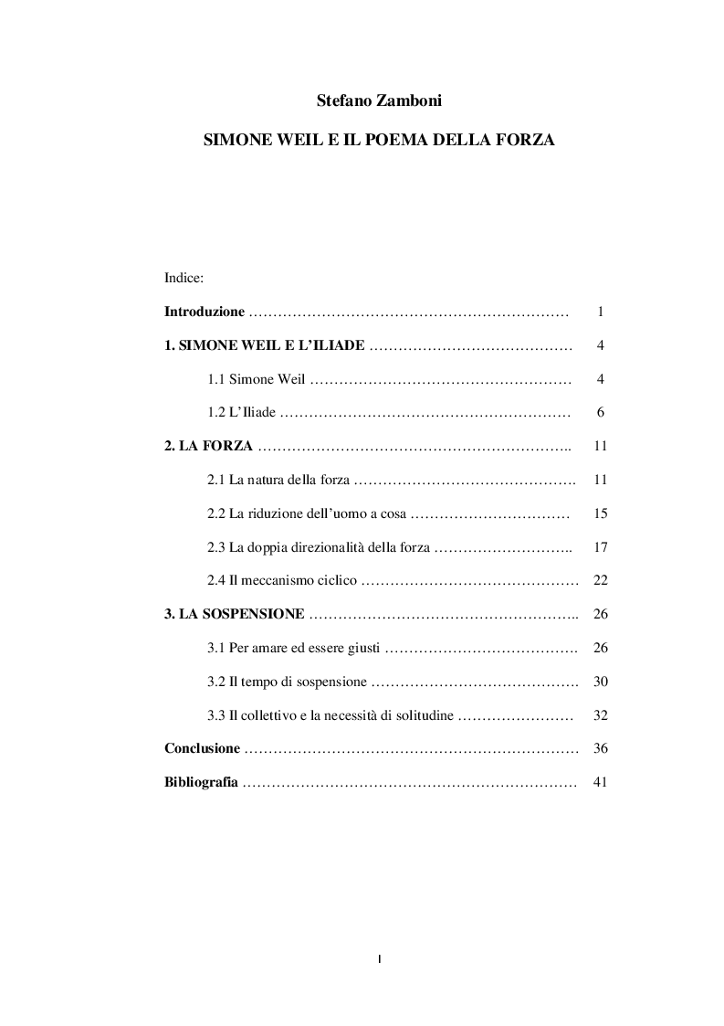 Indice della tesi: Simone Weil e il poema della forza, Pagina 1
