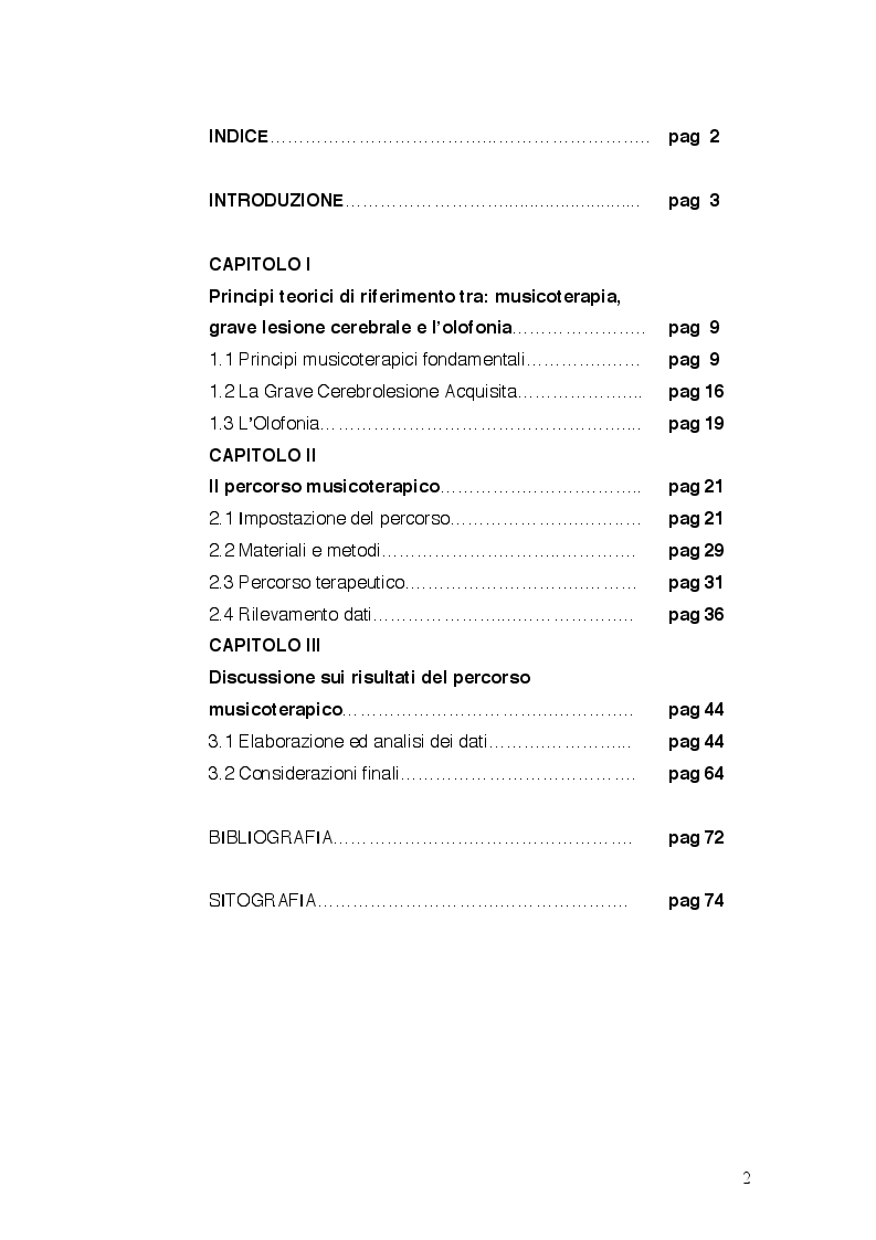 Indice della tesi: L'Ambiente Sonoro, l'olofonia nel percorso musicoterapico di pazienti con grave lesione cerebrale acquisita., Pagina 1