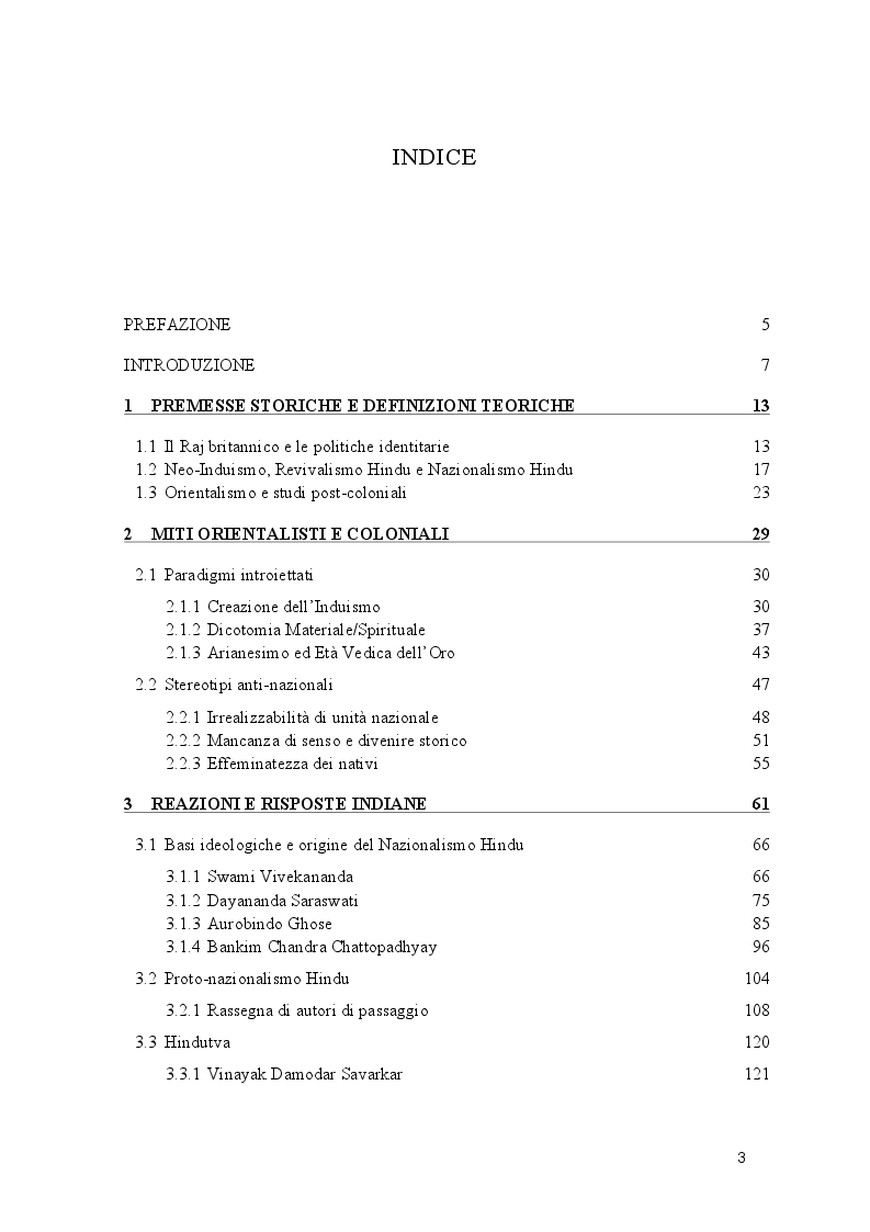 Indice della tesi: L'introiezione dell'Orientalismo: il Nazionalismo Hindu tra ricerca dell'identità e colonialismo , Pagina 1