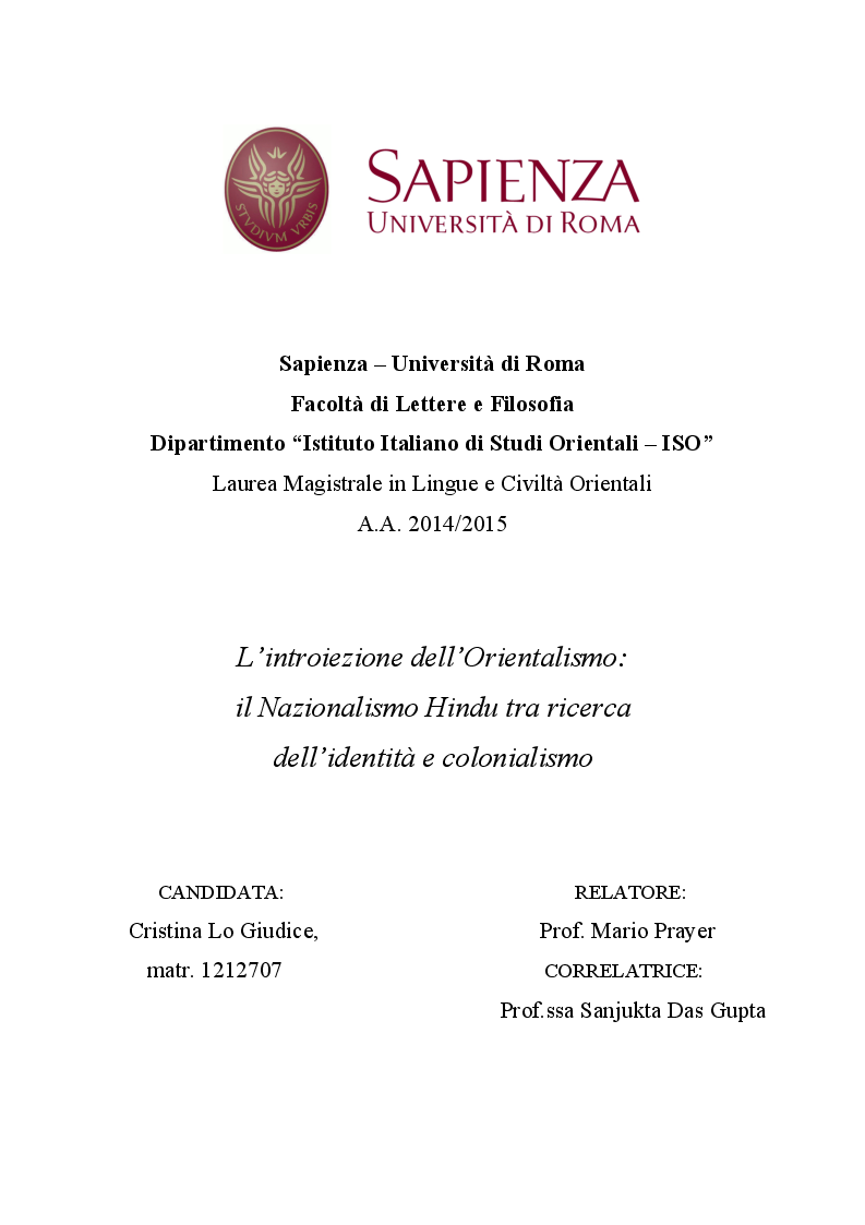 Anteprima della tesi: L'introiezione dell'Orientalismo: il Nazionalismo Hindu tra ricerca dell'identità e colonialismo , Pagina 1