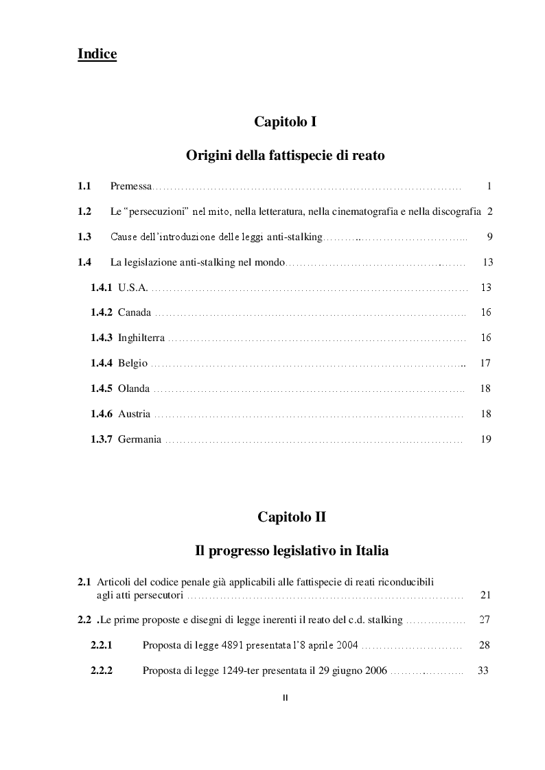 Indice della tesi: Il reato di atti persecutori. Genesi e sviluppo della Legge contro lo Stalking, Pagina 1