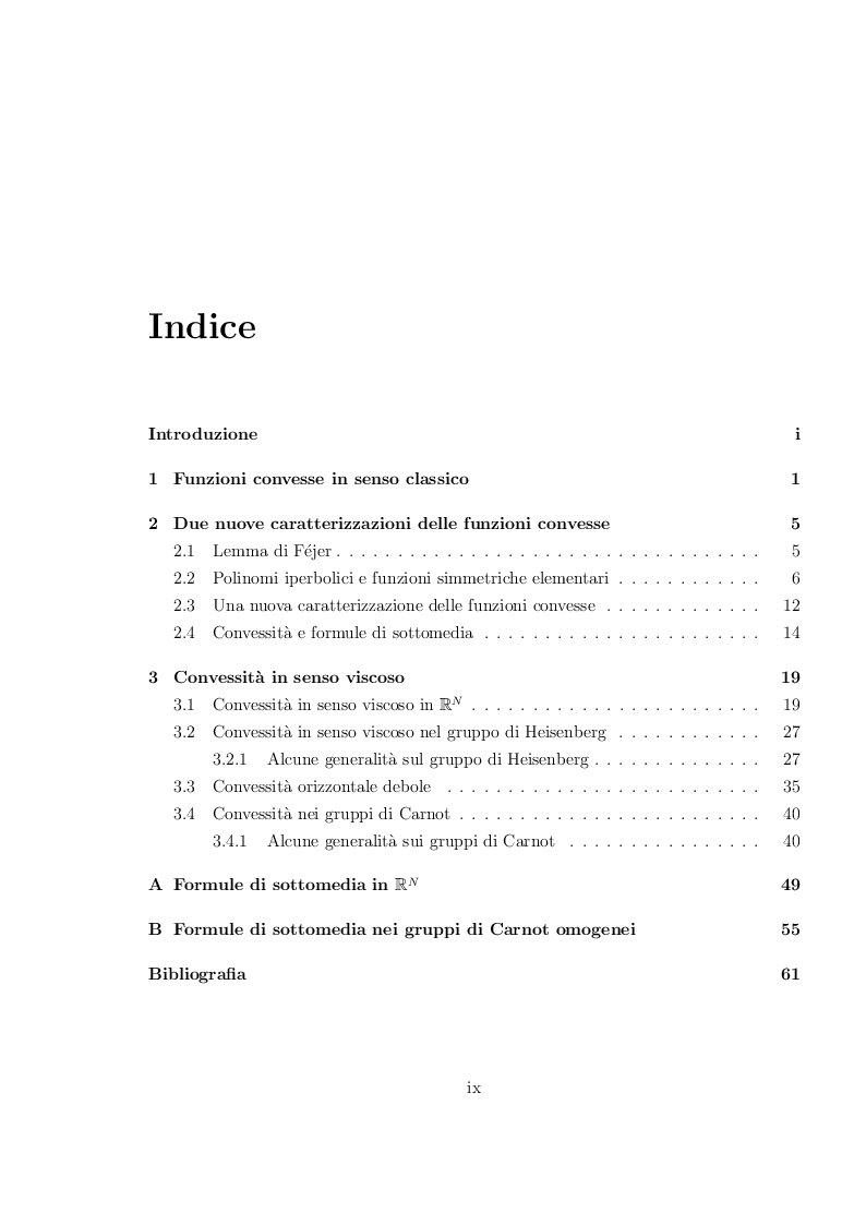 Indice della tesi: Alcune caratterizzazioni delle funzioni convesse nei gruppi di Carnot, Pagina 1