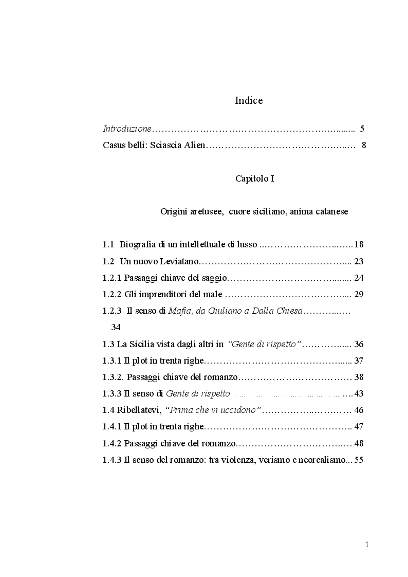 Indice della tesi: Il cuore e la mente della letteratura siciliana sulla mafia: Giuseppe Fava Vs Leonardo Sciascia, Pagina 1