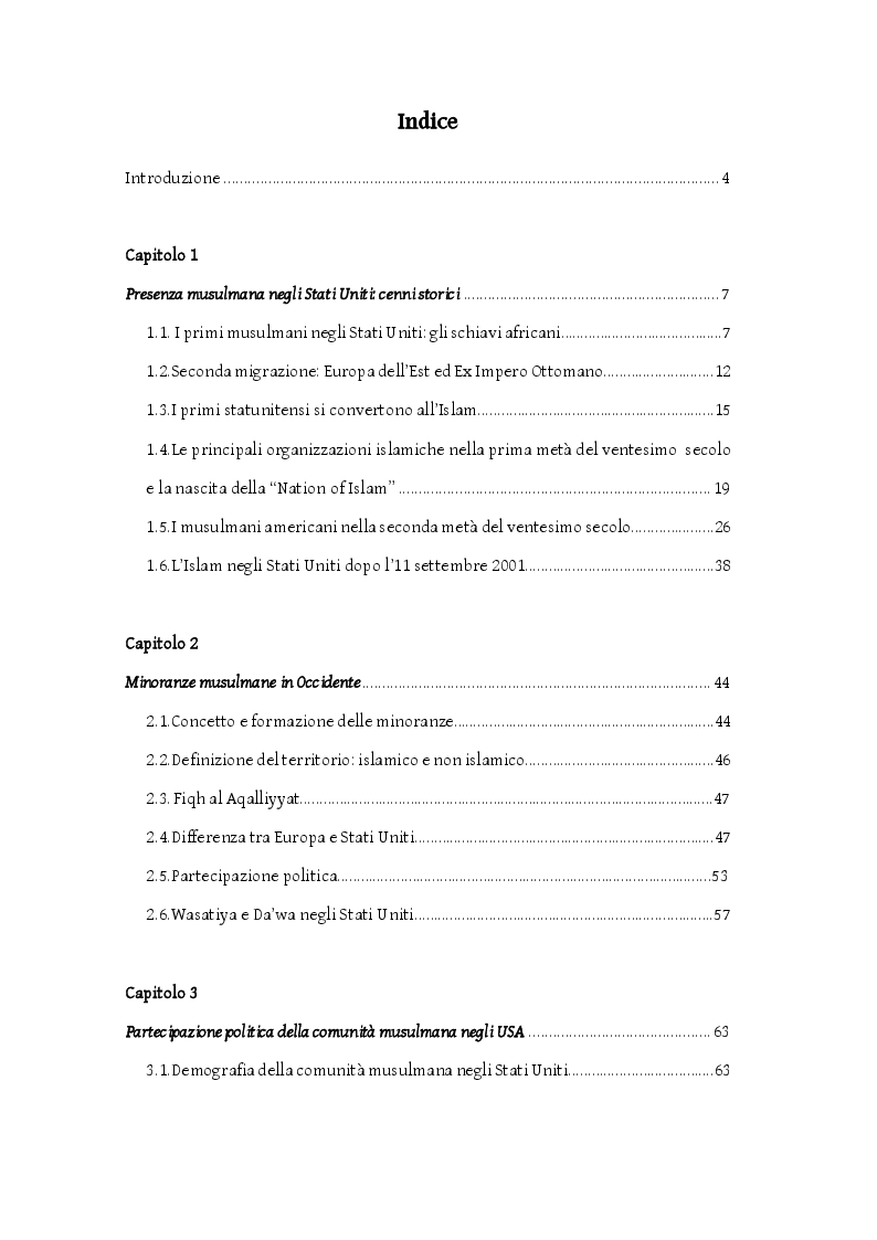 Indice della tesi: La partecipazione politica dei musulmani negli Stati Uniti, Pagina 1