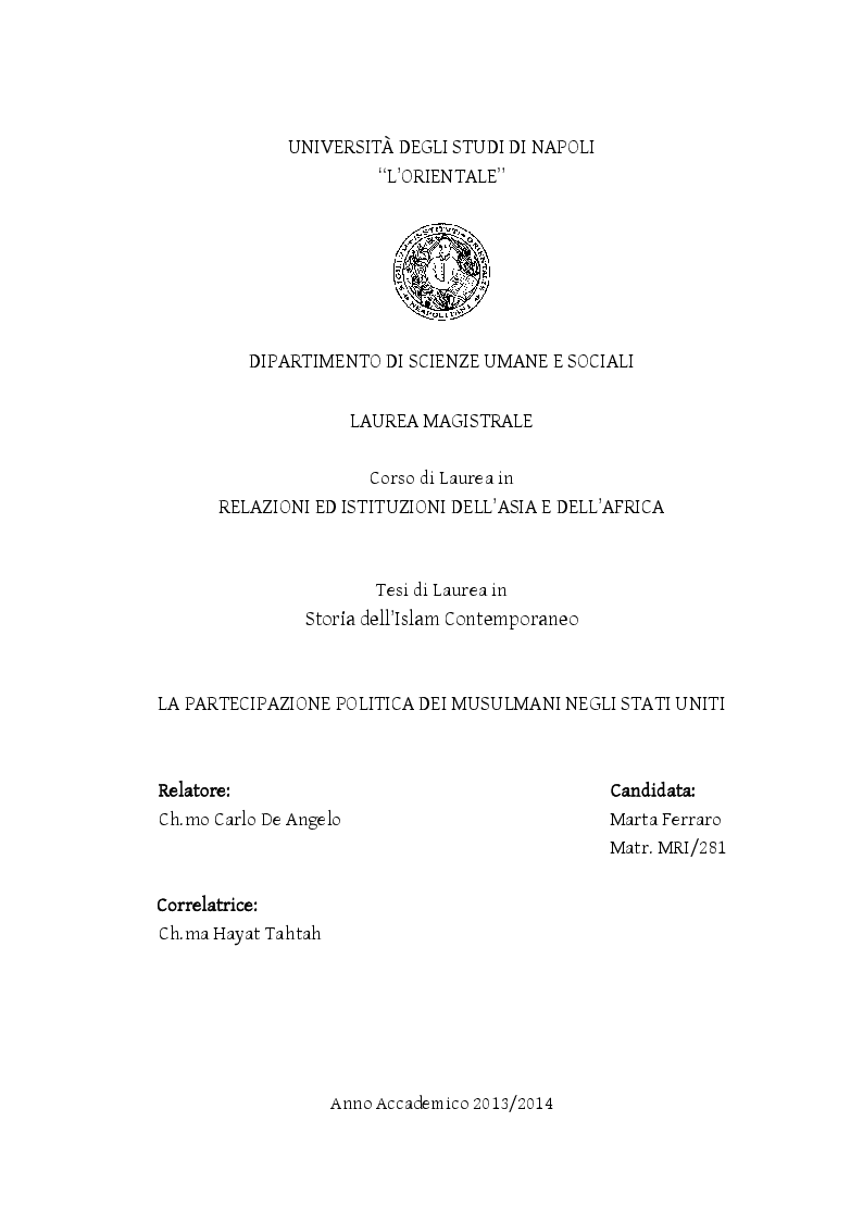 Anteprima della tesi: La partecipazione politica dei musulmani negli Stati Uniti, Pagina 1