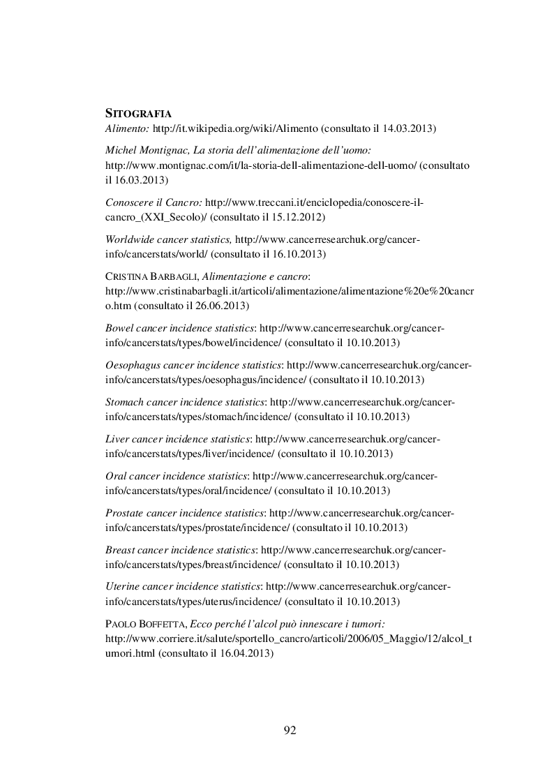 Estratto dalla tesi: Le abitudini alimentari nell'etiopatogenesi dei tumori.