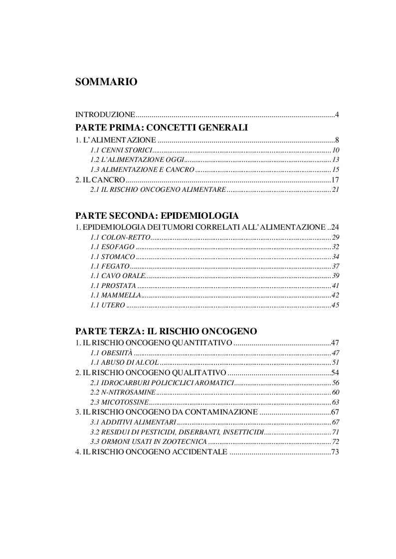 Indice della tesi: Le abitudini alimentari nell'etiopatogenesi dei tumori., Pagina 1