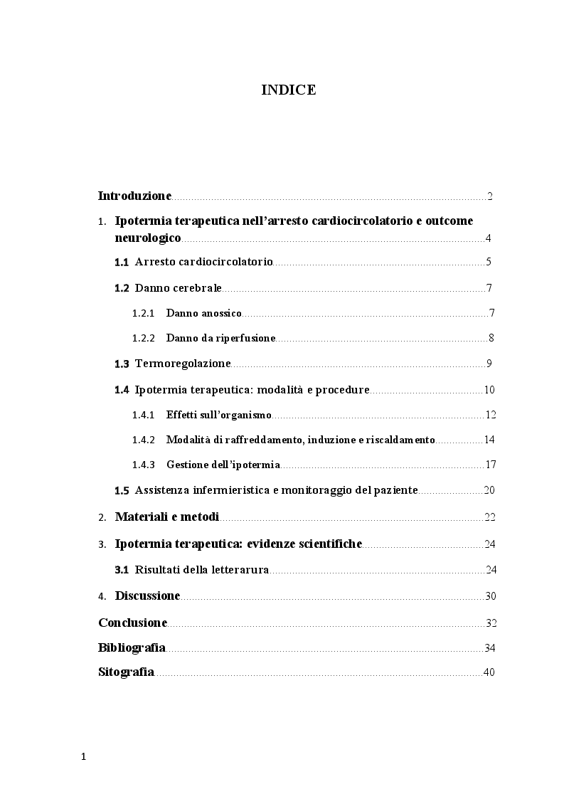 Indice della tesi: Le competenze dell'infermiere nella ipotermia terapeutica, Pagina 1