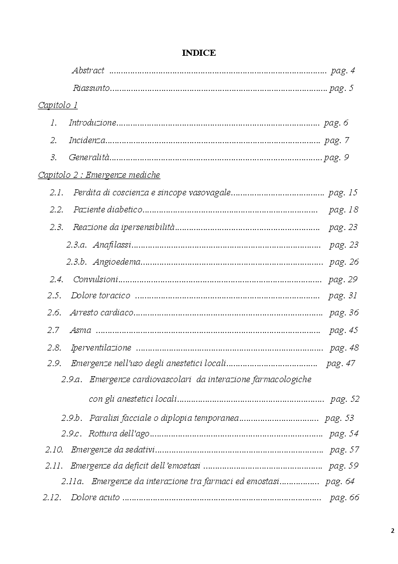 Indice della tesi: Emergenze mediche nella pratica odontostomatologica: strategie di valutazione e di gestione, Pagina 1