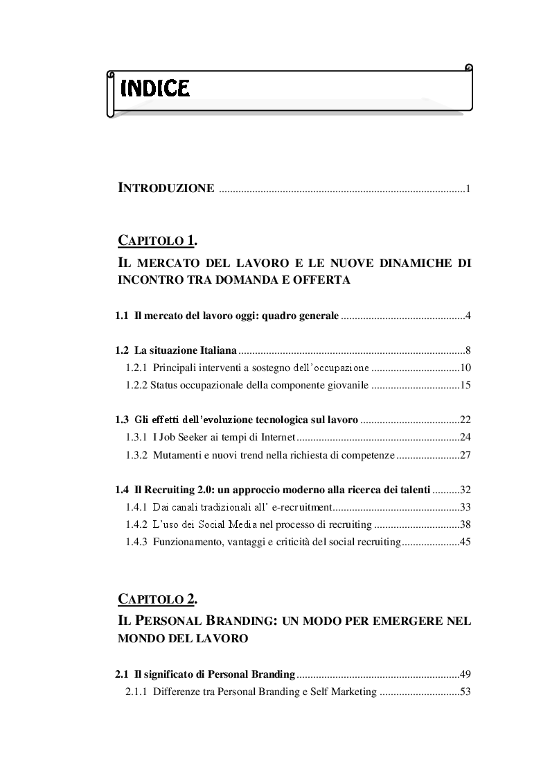 Indice della tesi: Il curriculum creativo. Il CV e il Personal Branding nell'era del recruiting 2.0, Pagina 1