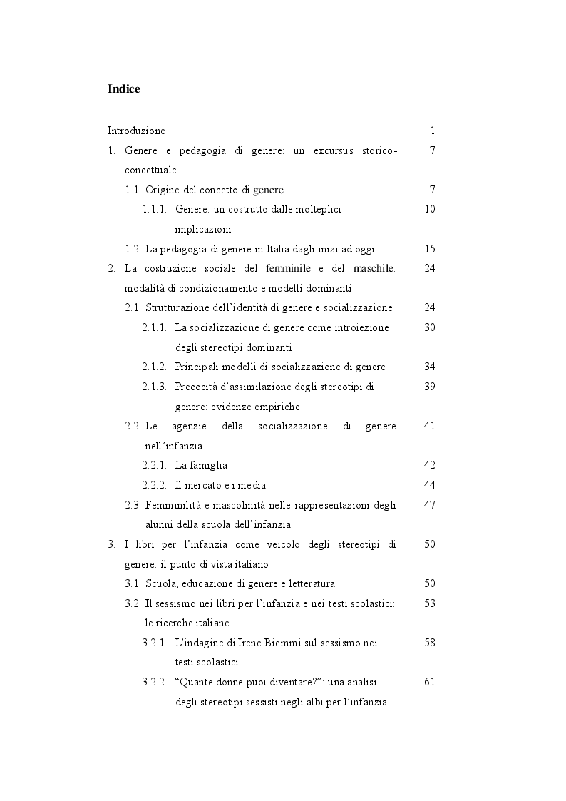 Indice della tesi: Albi illustrati e stereotipi di genere nella scuola dell'infanzia, Pagina 1
