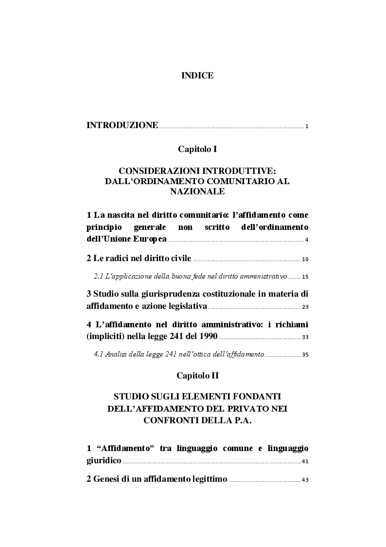 Indice della tesi: Il legittimo affidamento: i limiti all'annullamento e alla revoca., Pagina 1