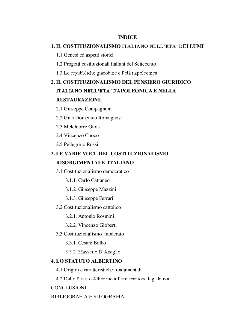 Indice della tesi: Costituzionalismo Risorgimentale e Statuto Albertino, Pagina 1