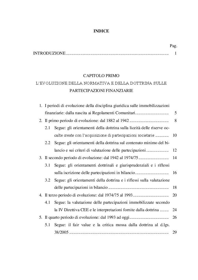 Indice della tesi: L'iscrizione e la valutazione delle partecipazioni immobilizzate nel bilancio d'esercizio: profili giuridici, Pagina 1