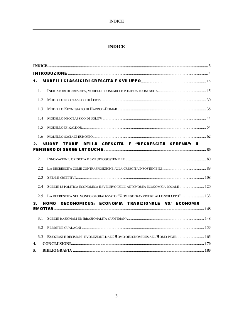 Indice della tesi: Analisi dei modelli di crescita economica e nuove teorie sulla decrescita serena e sviluppo sostenibile, Pagina 1