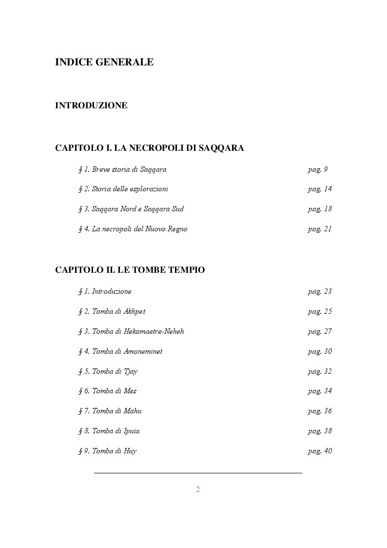 Indice della tesi: Studio tipologico delle sovrastrutture delle tombe del Nuovo Regno a Saqqara, Pagina 1