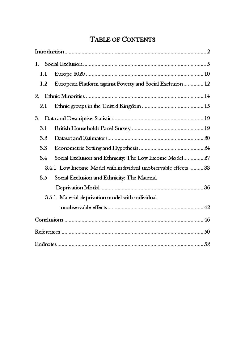 Indice della tesi: The Multidimensional Aspects of Social Exclusion and Ethnicity in the United Kingdom, Pagina 1