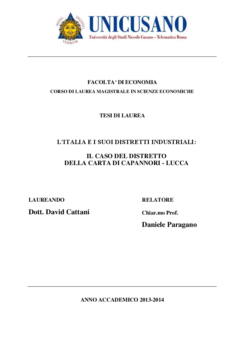 Anteprima della tesi: L'Italia e i suoi distretti industriali: Il caso del distretto della carta di Capannori - Lucca, Pagina 1