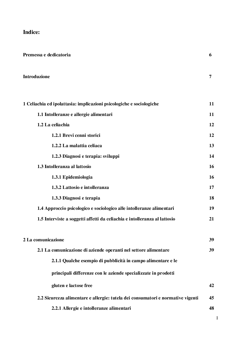 Indice della tesi: Comunicazione d'impresa e intolleranze alimentari: la percezione del consumatore, Pagina 1