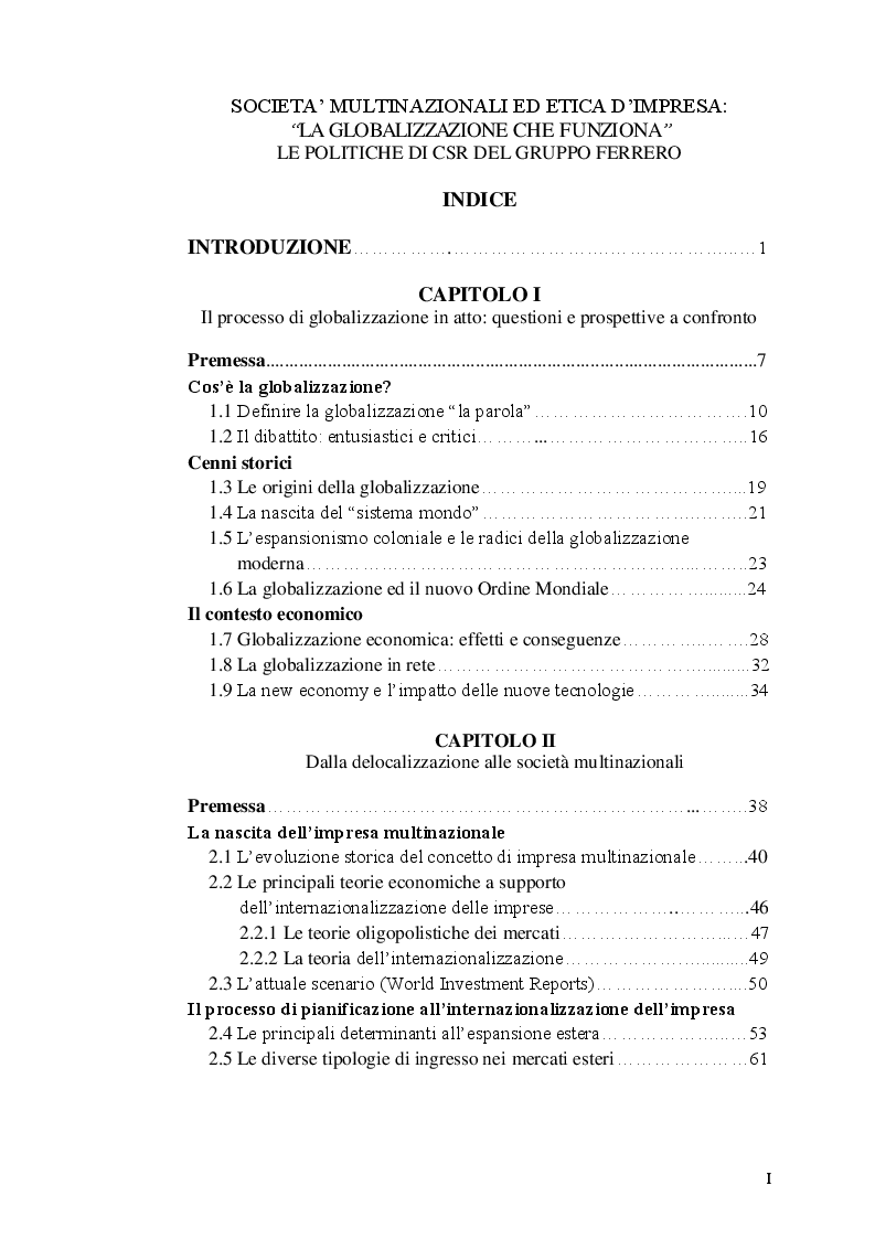 Indice della tesi: Società multinazionali ed etica d'impresa ''la globalizzazione che funziona''. Le politiche di CSR del gruppo Ferrero, Pagina 1